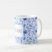 Monogram, Cobalt Blue Tropical Leaves Pattern 11oz Koffiemok (Voorkant rechts)