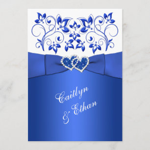 Monogram Cobalt Blue, White Floral Wedding Invite Kaart