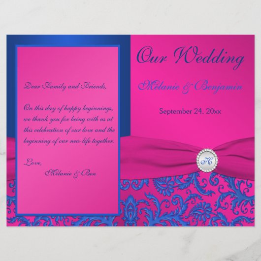 Monogram Cobalt en Fuchsia Damask Wedding Programm (Voorkant)