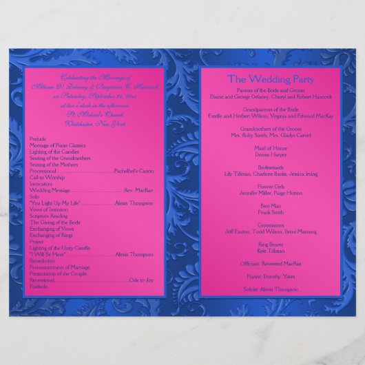 Monogram Cobalt en Fuchsia Damask Wedding Programm (Achterkant)