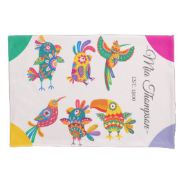 Monogram colorful folk art birds Pink Green yellow Kussensloop