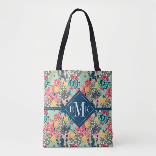 Monogram | Colorful Polka Dot Cactus Pattern Draagtas (Voorkant)
