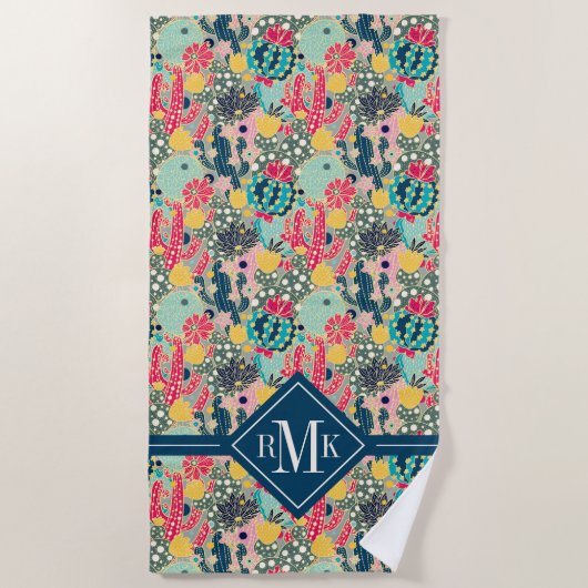 Monogram | Colorful Polka Dot Cactus Pattern Strandlaken (Voorkant)