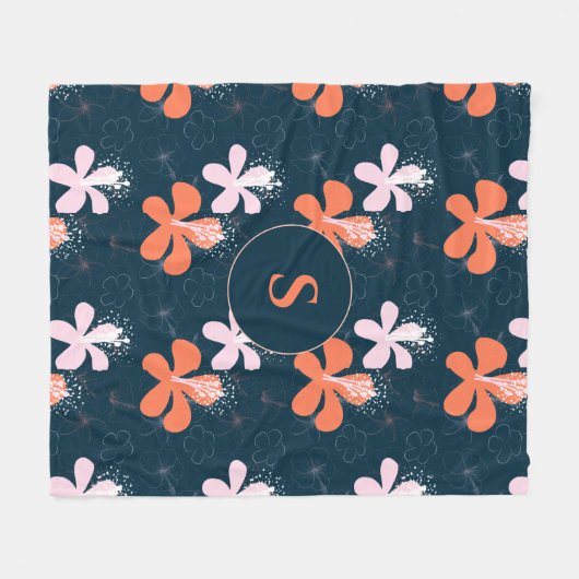Monogram Coral Blush Hibiscus Pattern Fleece Deken (Voorkant (Horizontaal))