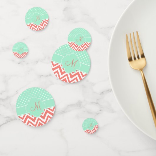 Monogram Coral Chevron met Mint Polka Dot Pattern Confetti (Groep)