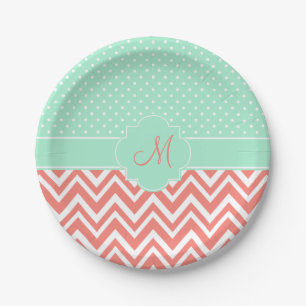 Monogram Coral Chevron met Mint Polka Dot Pattern Papieren Bordje