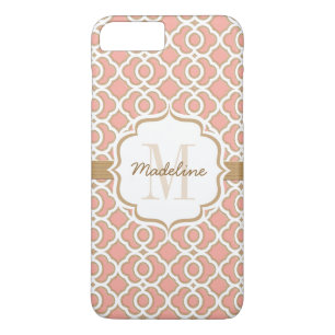 Monogram Coral en Gold Quatrefoil iPhone 8 Plus / 7 Plus Hoesje