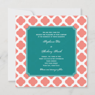 Monogram Coral Pink Quatrefoil Patroon met Blauwgr Kaart