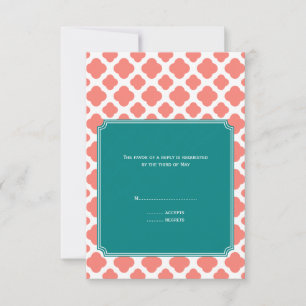 Monogram Coral Pink Quatrefoil Patroon met Blauwgr RSVP Kaartje
