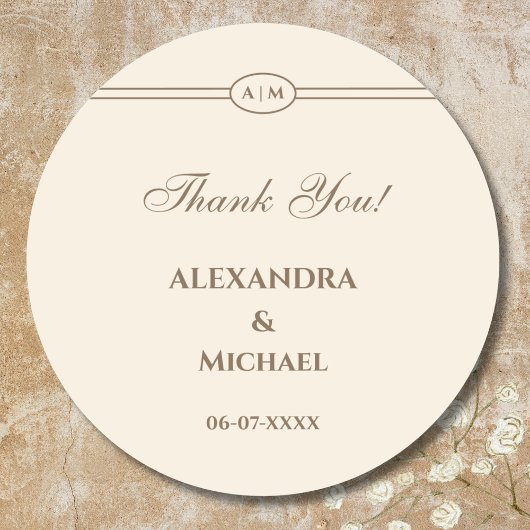 Monogram Cream Taupe Wedding Dank u Ronde Sticker