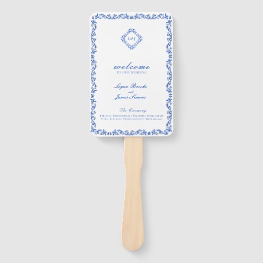Monogram Crest Blue Chinoiserie Wedding Program Handwaaier (Voorkant)