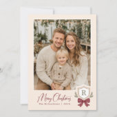 Monogram Crest Bow Foto Kerst Kaart (Voorkant)