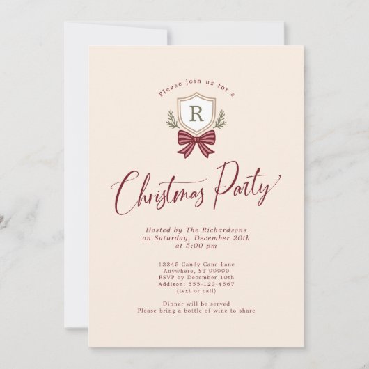 Monogram Crest Bow Kerstfeest Uitnodigingen (Voorkant)