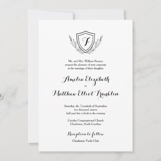 Monogram Crest Classic Elegant Wedding Invitation Kaart (Voorkant)