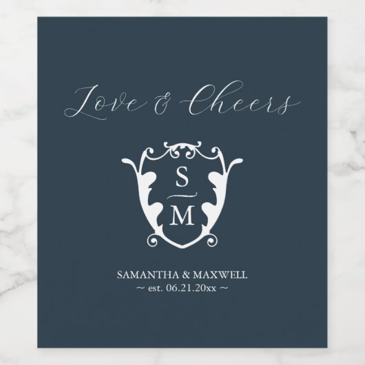 Monogram Crest Custom Wijnfles Etiketten Navy Blue (Enkel label)