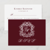 Monogram Crest Elegant Burgundy Wedding RSVP Kaartje (Voorkant / Achterkant)