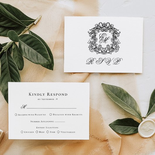 Monogram Crest Elegant Menu Mariage Carte RSVP