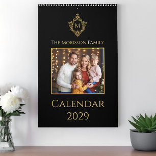 Monogram Crest Elegant Zwart en Goud Familiefoto Kalender