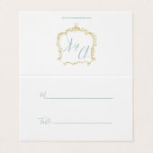 Monogram Crest Goud Blauw Bruiloft Plaats Kaarten (Buitenkant ongevouwen)