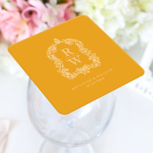  Monogram Crest Marigold Yellow Wedding Vierkante Kartonnen Onderzetter
