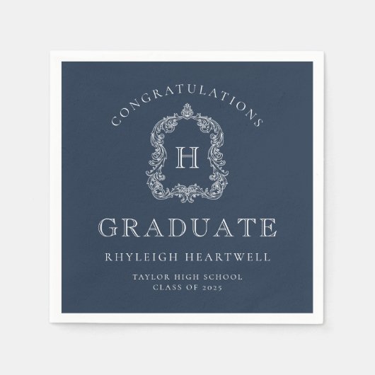 Monogram Crest Marine Blauw Wit Graduation Party Servet (Voorkant)