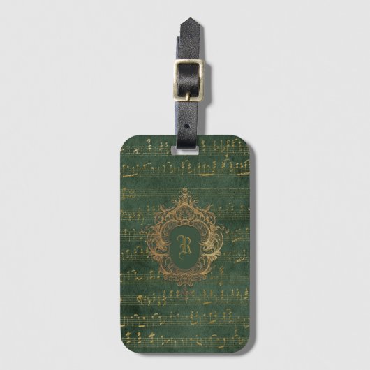 Monogram Crest Music Manuscript Groen Goud Bagagelabel (Voorkant (verticaal))