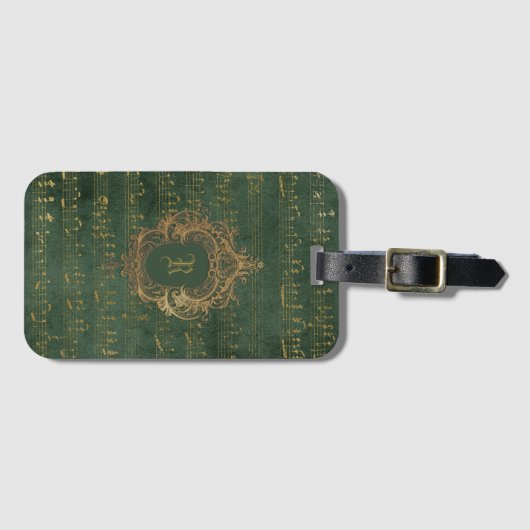 Monogram Crest Music Manuscript Groen Goud Bagagelabel (Voorkant (horizontaal))