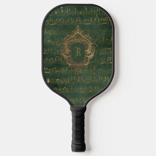  Monogram Crest Music Manuscript Groen Goud Pickleball Paddle (Voorkant)