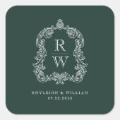 Monogram Crest Namen Forest Green Wedding Vierkante Sticker (Voorkant)