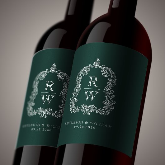  Monogram Crest Namen Forest Green Wedding Wijn Etiket