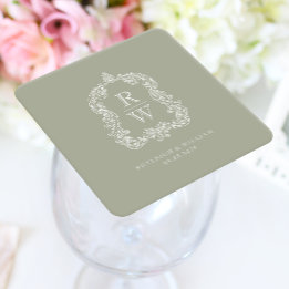  Monogram Crest Namen Sage Green Wedding Vierkante Kartonnen Onderzetter