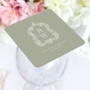  Monogram Crest Namen Sage Green Wedding Vierkante Kartonnen Onderzetter