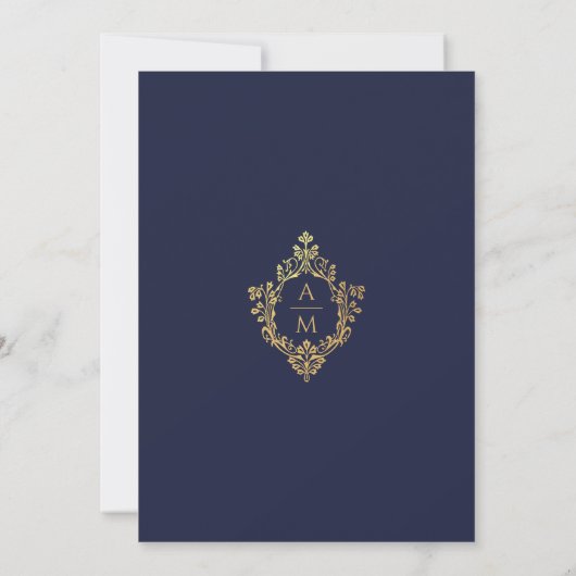Monogram Crest Navy Blauw Faux Gold Bruiloft Kaart (Achterkant)
