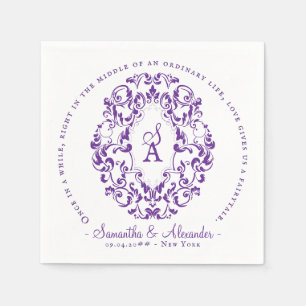 Monogram Crest Old Print Royal Paarse bruiloft Servet