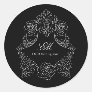 Monogram Crest Ornament Black & White Wedding Logo Ronde Sticker