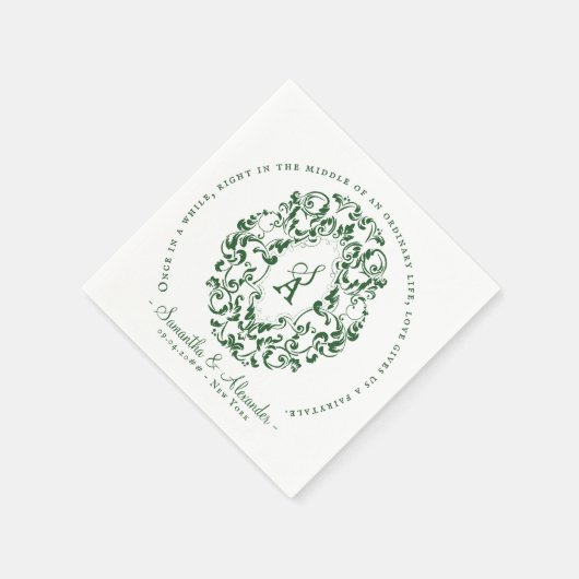 Monogram Crest Oude Print Smaragdgroene bruiloft Servet (Hoek)