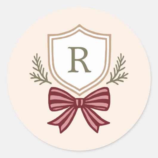 Monogram Crest Red Bow Christmas Envelope Seals Ronde Sticker (Voorkant)