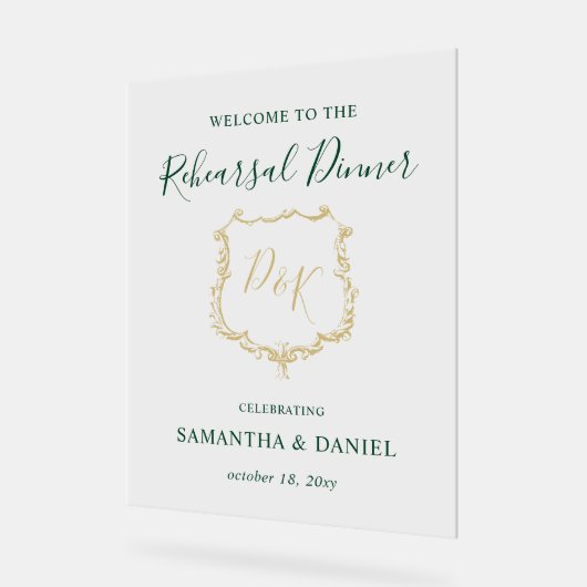 Monogram Crest Rehearsal Dinner Welcome Sign (Angle)