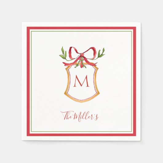 Monogram Crest with red bow Holiday Servet (Voorkant)