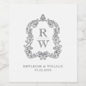  Monogram Crest Witte Houtskool Grijs Huwelijk Wijn Etiket (Enkel label)