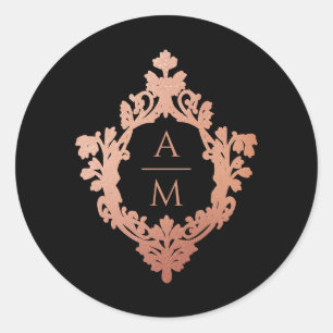Monogram Crest Zwart Roze Rose Goud  bruiloft Ronde Sticker