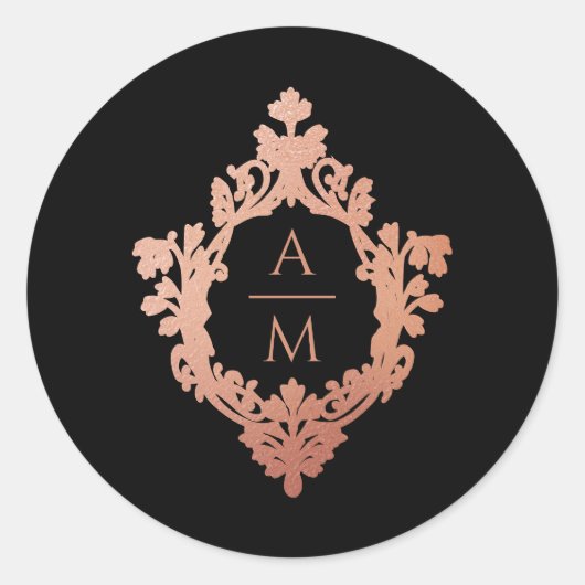 Monogram Crest Zwart Roze Rose Goud  bruiloft Ronde Sticker (Voorkant)