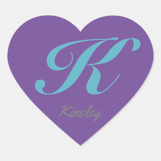 Monogram Cursive Letter K Blauw Paarse kalligrafie Hart Sticker (Voorkant)