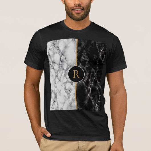 Monogram Custom Letter T-shirt Zwart Wit Marmer (Voorkant)