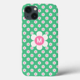 Monogram Custom Retro Daisies Pink en Green Sherp iPhone 13 Hoesje