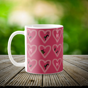 Monogram Cute Black Cat Hearts Valentijnsdag Coff Koffiemok