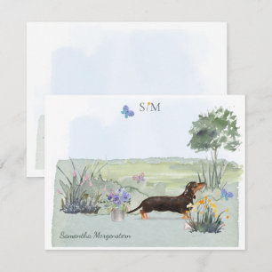 Monogram cute Black Dachshund Dog Butterfly  Notitiekaartje