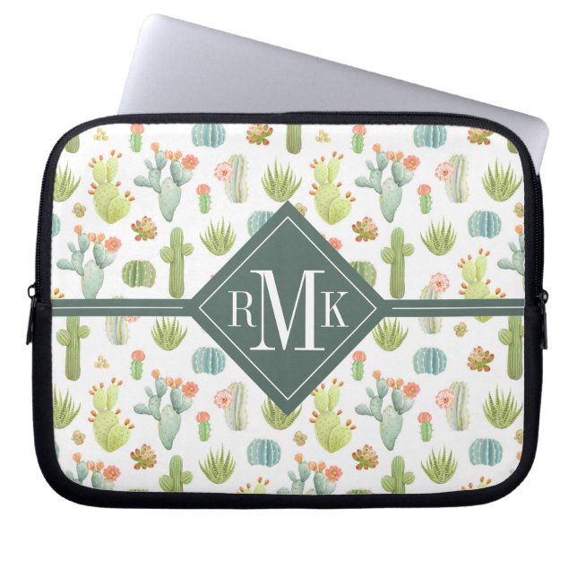 Monogram | Cute Cactus Standing Pattern Laptop Sleeve (Voorkant)