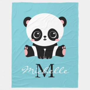 Monogram Cute Panda Aangepast gebubbel Blauw Fleece Deken
