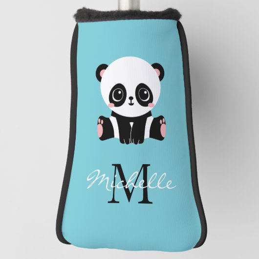 Monogram Cute Panda Aangepast gebubbel Blauw Golfheadcover (Draai 90)